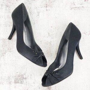 Stuart Weitzman Black Satin Heels Pumps Peep Toe Evening Shoes size 7